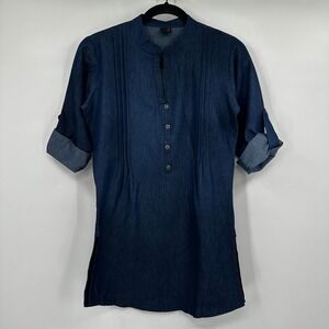 Soch Womens Blue Denim Kurti Indian Tunic Mandarin Collar Pin-Tuck Size Medium